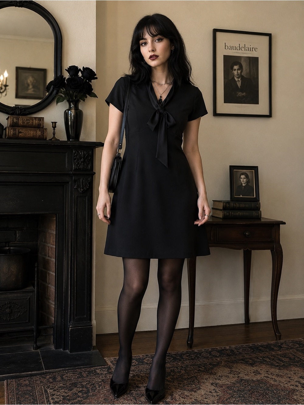 Country Road Vintage Black Dress Midi Bow Collar Goth Grunge Y2K Preppy Size 6